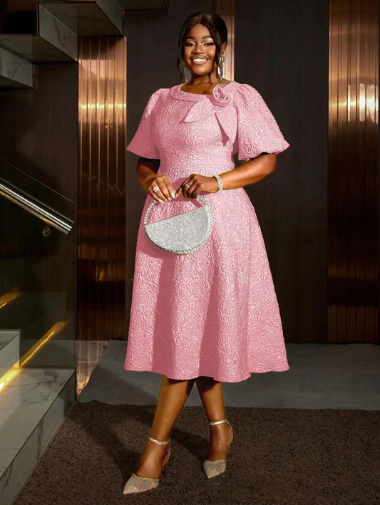 Plus Size Pink Rose Jacquard A-Line Dress with Puff Sleeves & Bow Detail