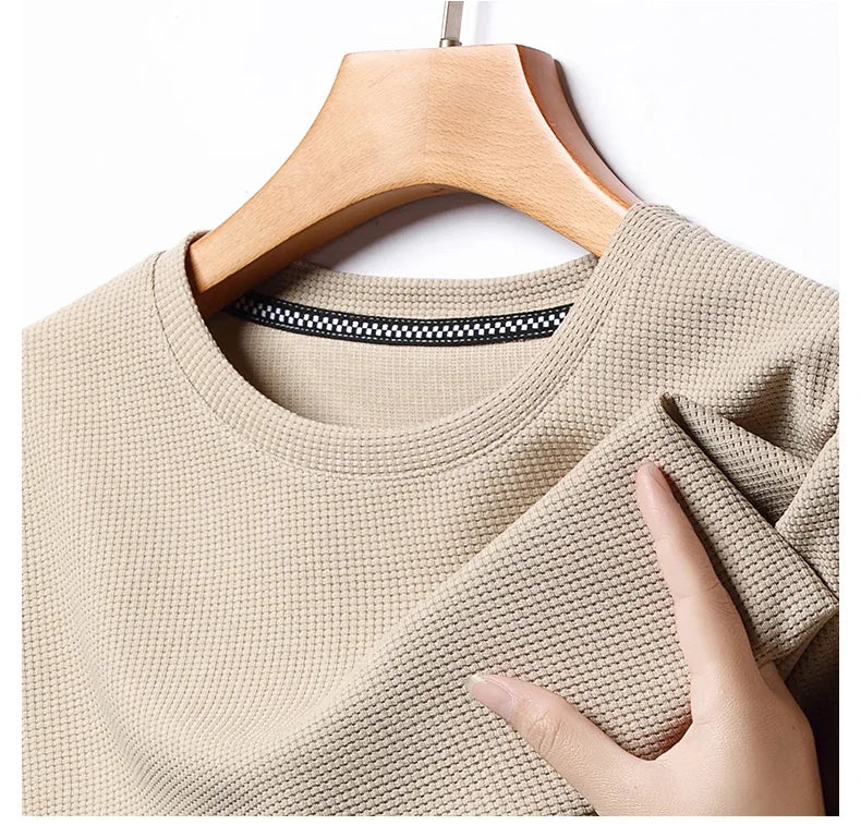 New Summer Waffle Round Neck Short Sleeved T Shirt for Men Casual Top