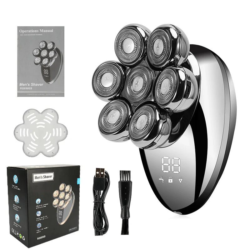 Men 7D Floating Electric Shaver Wet Dry Beard Hair Trimmer Rechargeable Bald Head Razor with LCD Display