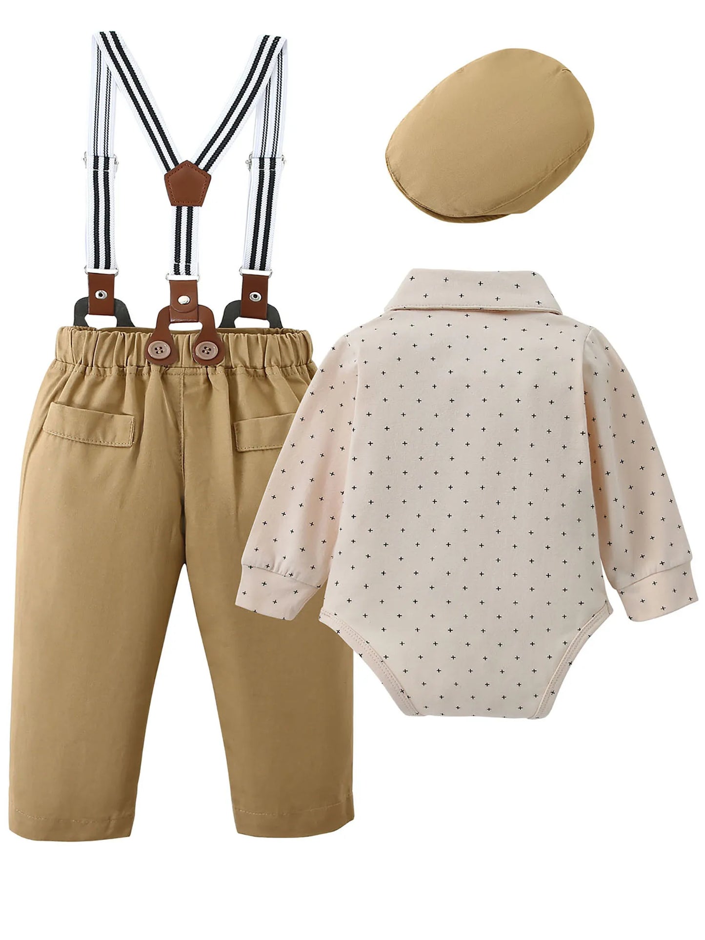 Baby Boy Gentleman Suit Outfit Set Infant Tuxedo Long Sleeve Dress Shirt Suspender Pants Bowtie Beret Hat