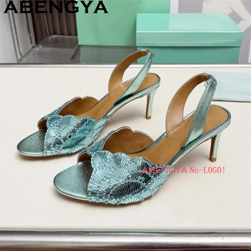 2026 Summer Trendy New Shiny Fish Mouth Toe Sexy Stiletto Sandals Woman Quality Sequined Thin High Heel Slippers for Women Shoes