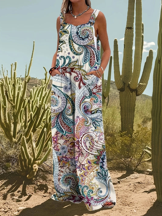 Plus Size Women's Bohemian Style Geometric Pattern Sleeveless Long Dress Casual Off Shoulder Jumpsuit Summer Travel Choice