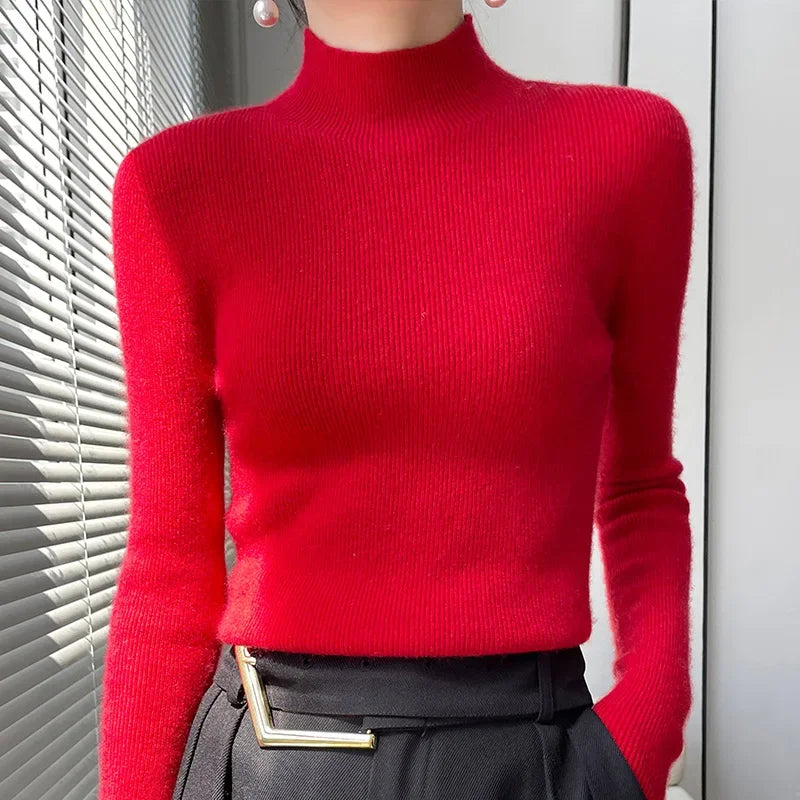 Autumn Winter Women Sweater Slim Fit High Strecth Pullovers  Long Sleeve Inner Wear Mock Neck Knitted Tops Korean Fashion Jumper