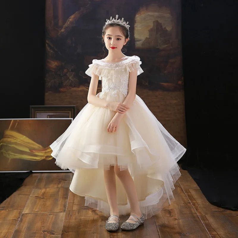 Baby Girls Flower Princess Dress Mid-Calf Length Cotton Polyester Voile Tribute Silk Mesh Age 7-12 Years