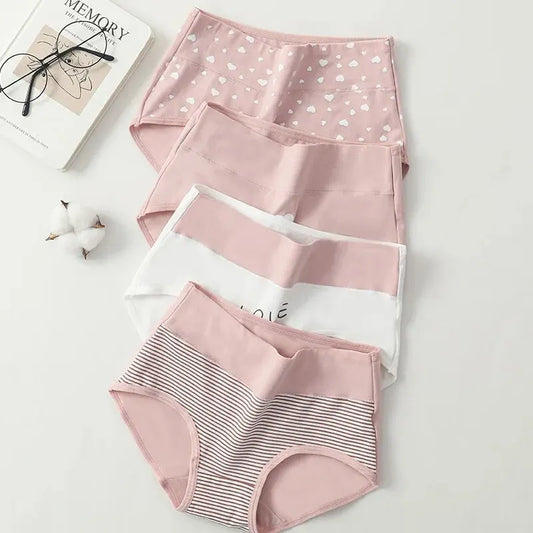 4Pcs Women's High Waist Underwear Fashion Print Briefs Breathable Cotton Plus Size M-5XL Female Lingerie