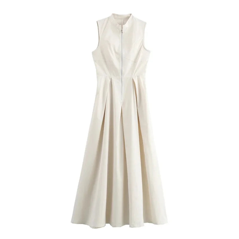 TRAF Zipper Long Dress Women Pleated Sleeveless Bodycon Dress Summer Elegant Party Midi Dresses 2024