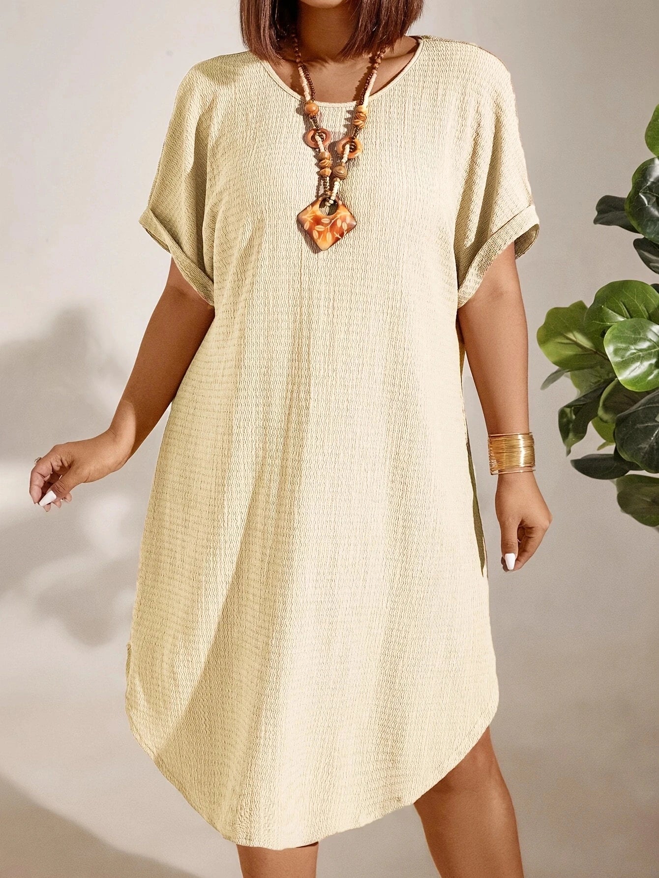Casual Short Sleeve Round Neck Pure Color Dress for Women Spring Summer Knee Length Fashion