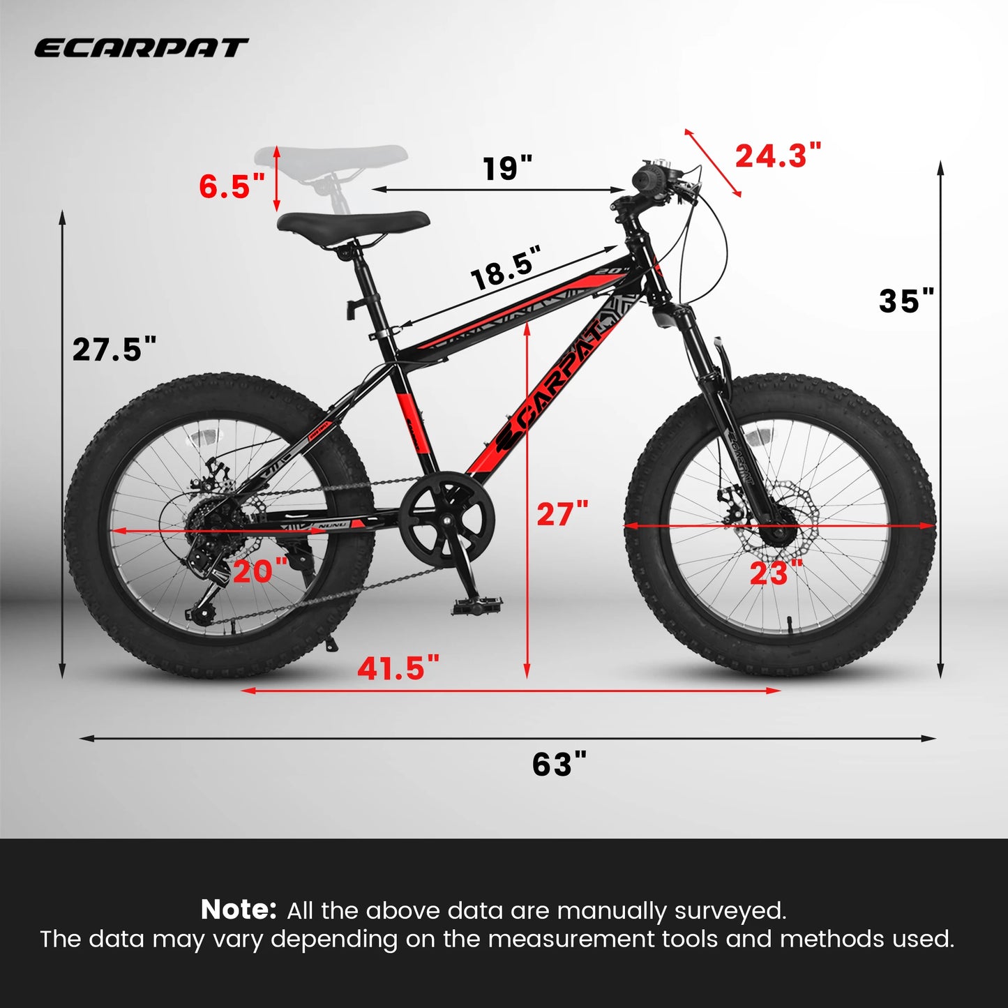 Ecarpat 20 Inch Kids Bike 4 Inch Wide Fat Tire Snow Mountain Bike 7 Speed for Boys Girls Children Steel Frame