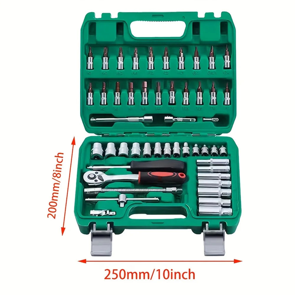 53pcs, 1/4 Inch Drive Socket Ratchet Wrench Set, Bit Socket, Metric And Extension Bar Set For Automotive Repair﻿