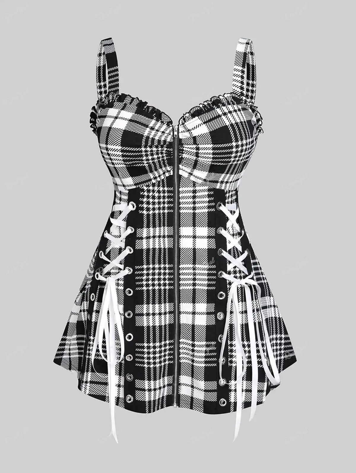 Rosegal Plus Size Plaid Tank Top Sweetheart Neck Front Full Zipper Ruffle Vest Women Summer Streetwear Lace Up Tops 5XL