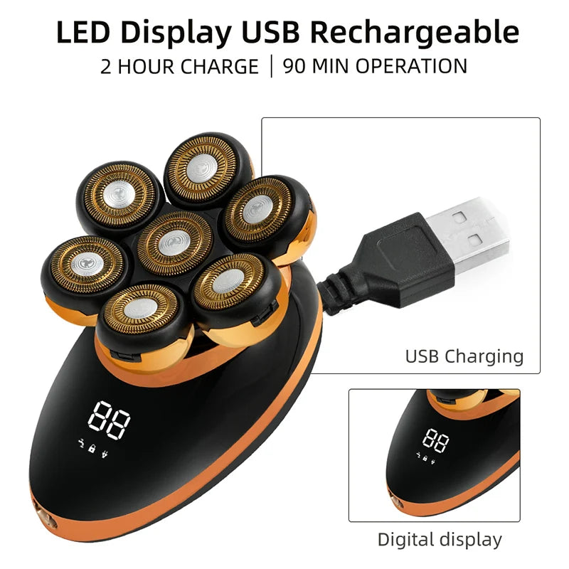 Men 7D Floating Electric Shaver Wet Dry Beard Hair Trimmer Rechargeable Bald Head Razor with LCD Display