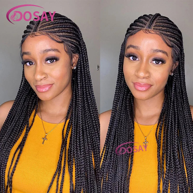 32" Synthetic Braided Wigs For Women Full Lace Front Wig Cornrow Braid Lace Wig Braiding Hair Middle Part Wig Daily Use