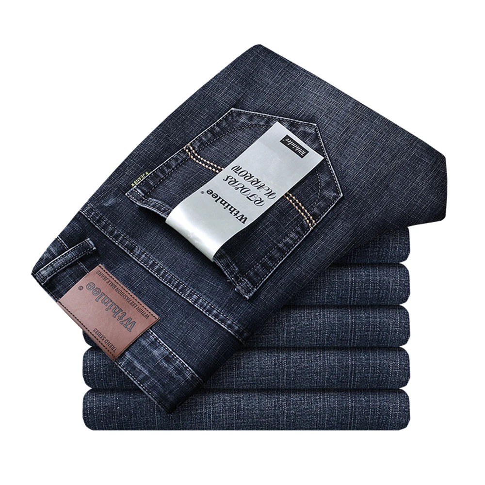 Wthinlee Spring Summer Business Jeans for Men Light Blue Casual Straight Stretch Fashion Classic Work Denim Trousers