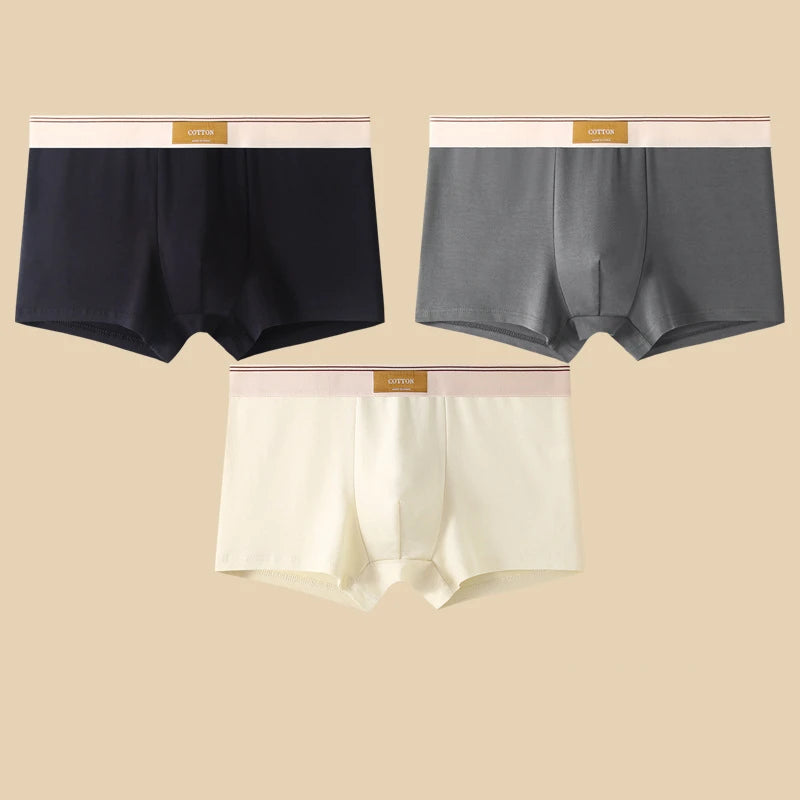 3 Pieces Men's Cotton Boxer Shorts Comfortable Breathable Solid Color Underwear