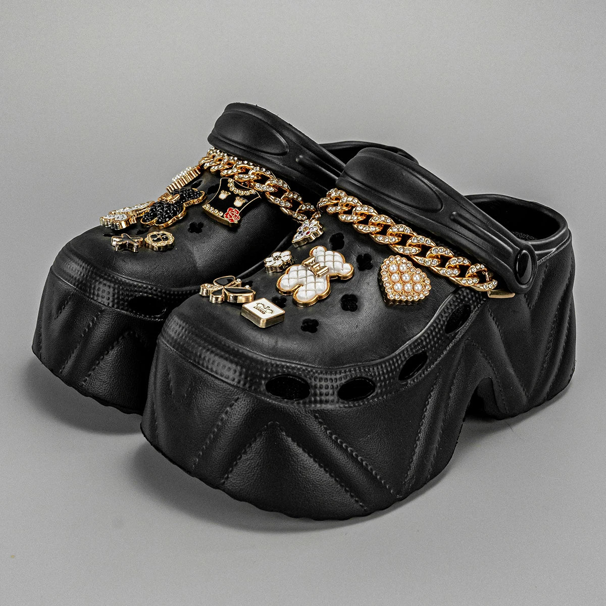 New Fashion Chain Black and White Bear High Heel Imitation Leather Pattern Clogs
