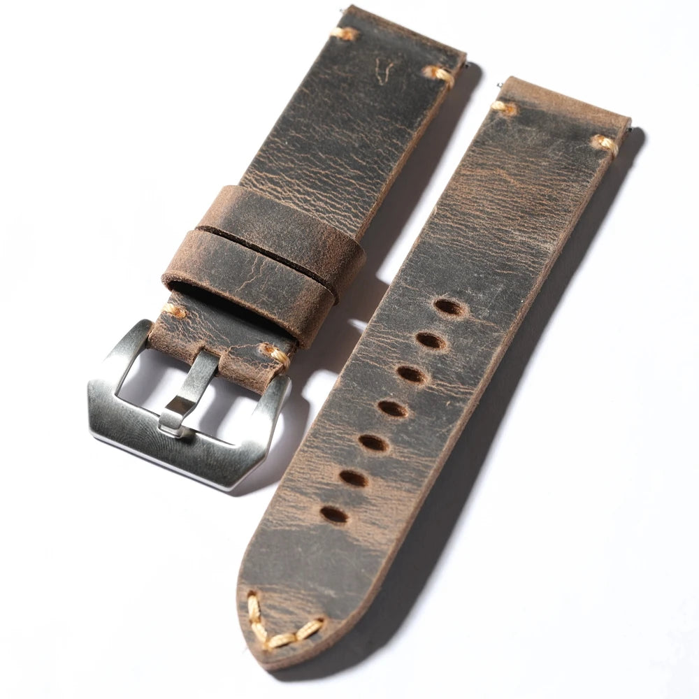 Handmade head layer cowhide leather strap, 20MM 21MM 22MM 23MM 24MM 26MM thickened genuine leather strap vintage folded without