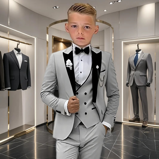 Velvet Collar Suit Set for Kids Ages 3 to 14 Years Three-Piece Wedding Suits for Boys Tuxedo Blazer Vest Pants Set