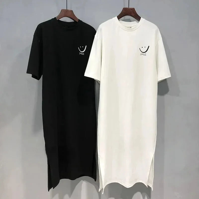Women's Summer Short Sleeved T-Shirt Dress Loose Mid Length Over Knee Dress