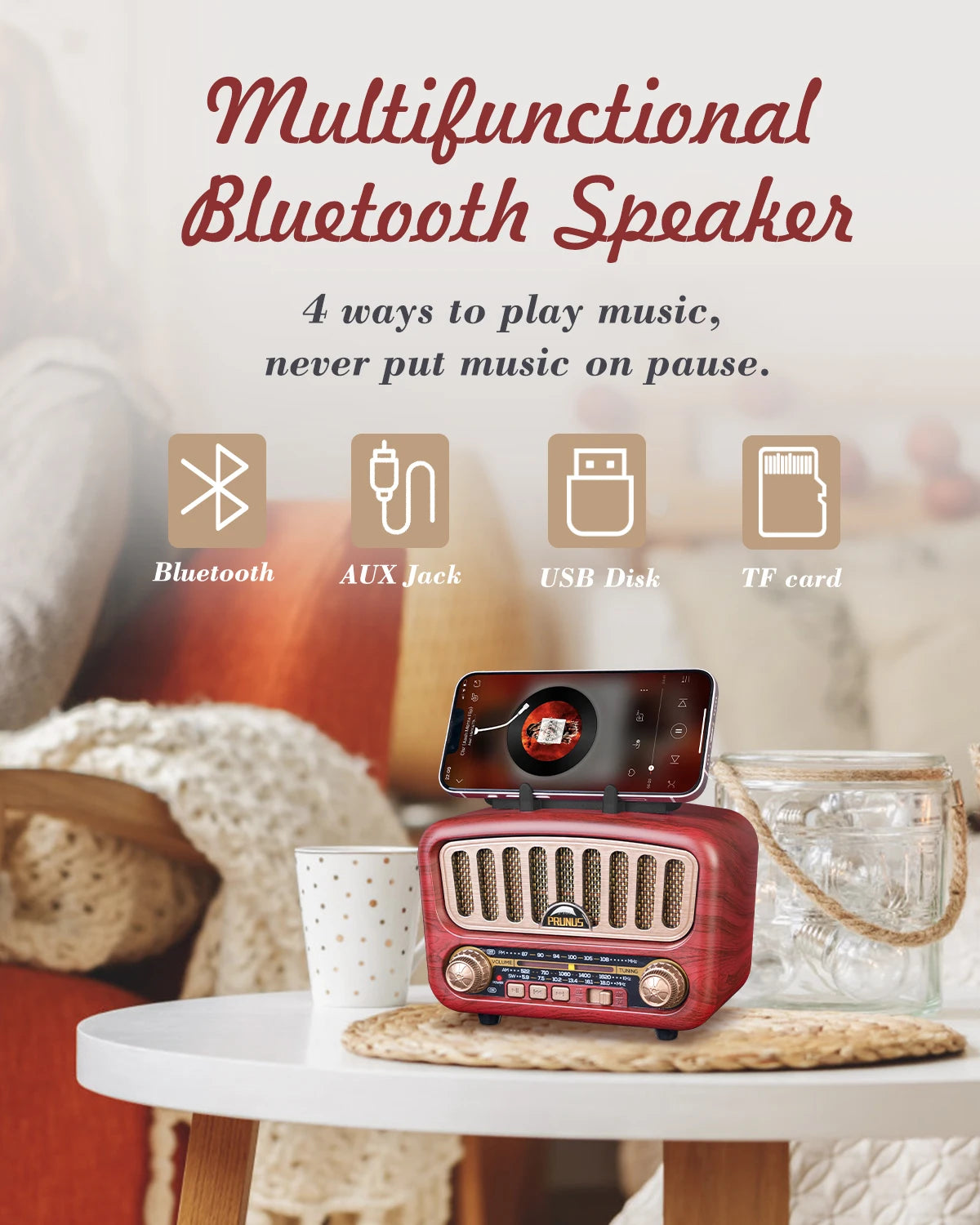 J-180 Retro Radio Bluetooth Speaker AM/FM/SW Clear Stereo Sound Quality TF/USB/Headphones Player Rechargeable Retro Radios