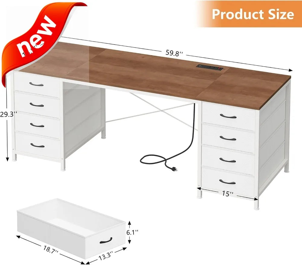 60 Inch Computer Desk with 8 Drawers, Power Outlets & USB Ports for Home Office Gaming