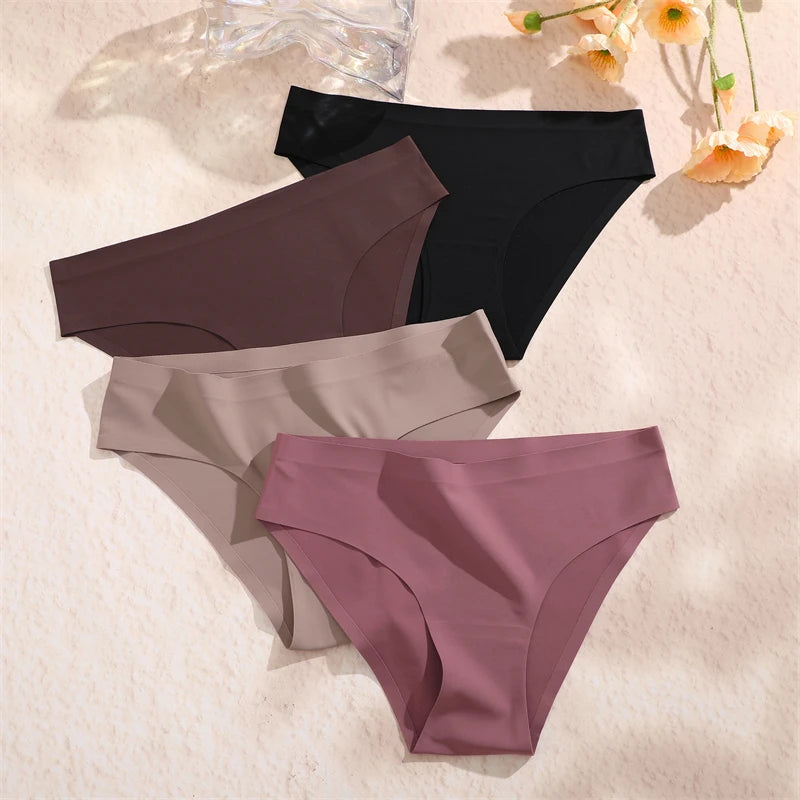 Finetoo 5PCS Seamless Panties for Women Sexy Ice Silk Underwear Solid Briefs Low Waist Comfortable Invisible Lingerie Intimates