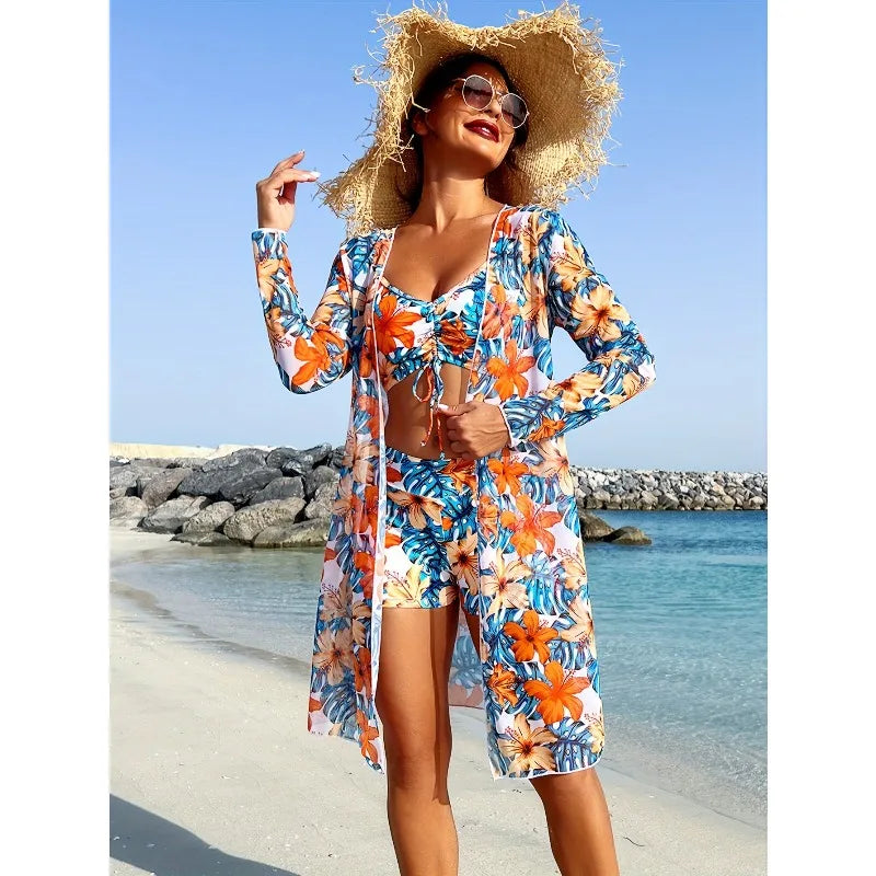 Three-piece printed drawstring bikini set, stylish high-waisted swimsuit with long-sleeved tulle blouse and kimono shirt