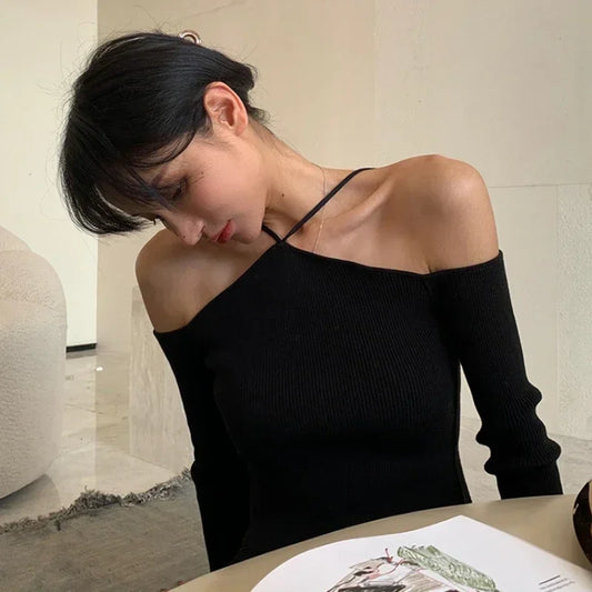 Women Off Shoulder Knitted Crop Sweater Slim Fit Long Sleeve Halter Top Y2K Fashion Pullover Korean Streetwear