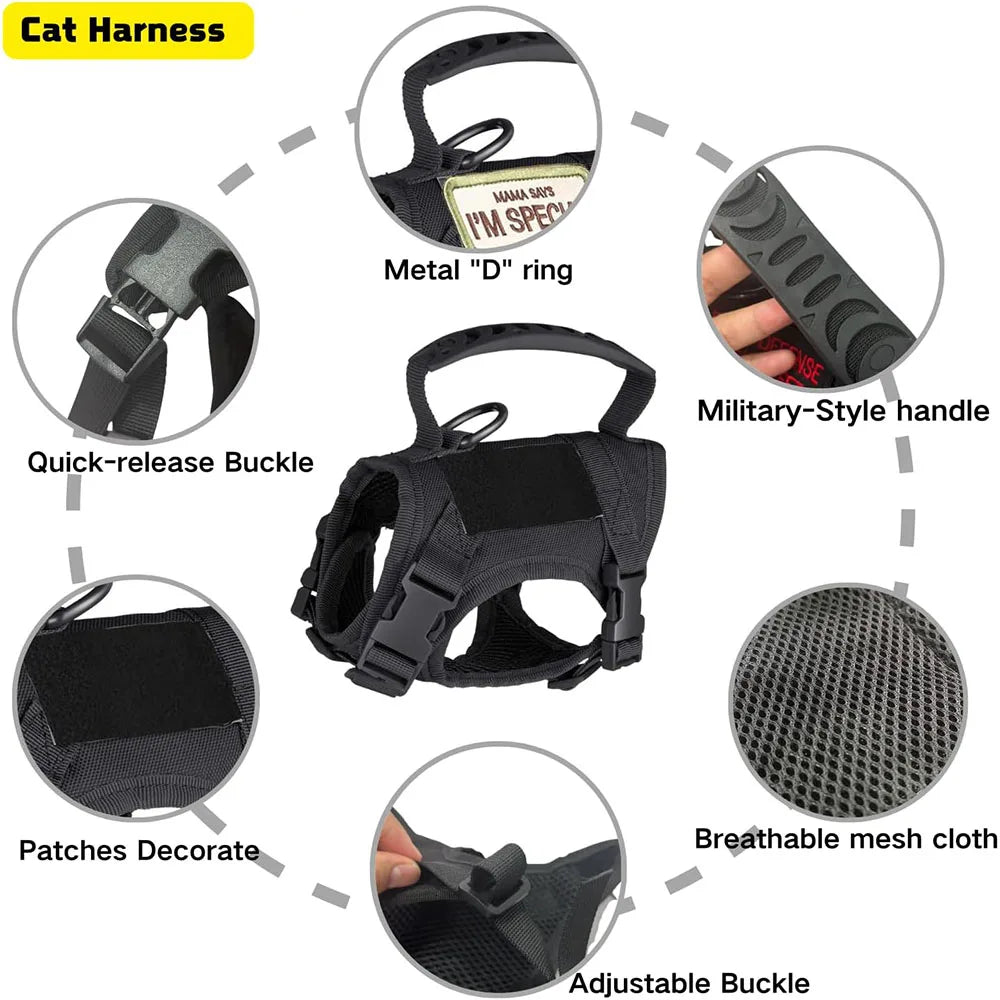 Tactical Cat Dog Harness Leash Adjustable Pet Vest Soft Mesh Training Puppy Straps with Handle for Large Cats