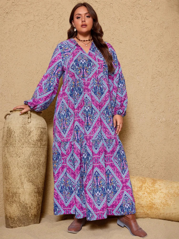 Plus Size 2025 New Women's V Neck Purple Casual Printed Dress Long Loose Fit Polyester Long Sleeve Pullover