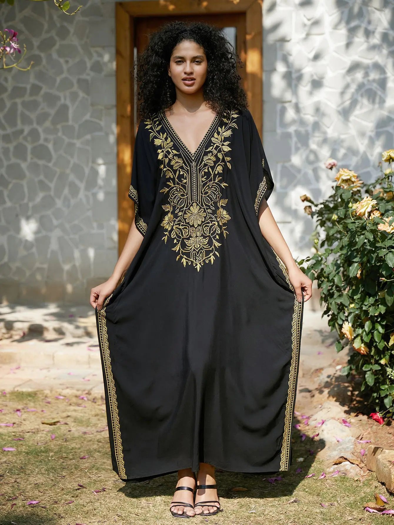 Gold Embroidery Beach Dress with Side Split Design and Oversized Fit