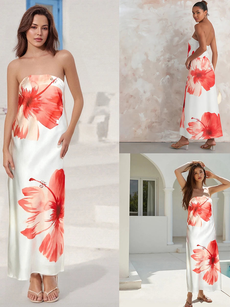 Women Off Shoulder Maxi Dress with Ruffle Detail and Boho Floral Print Elegant Fit Bandeau Dress for Summer Beach