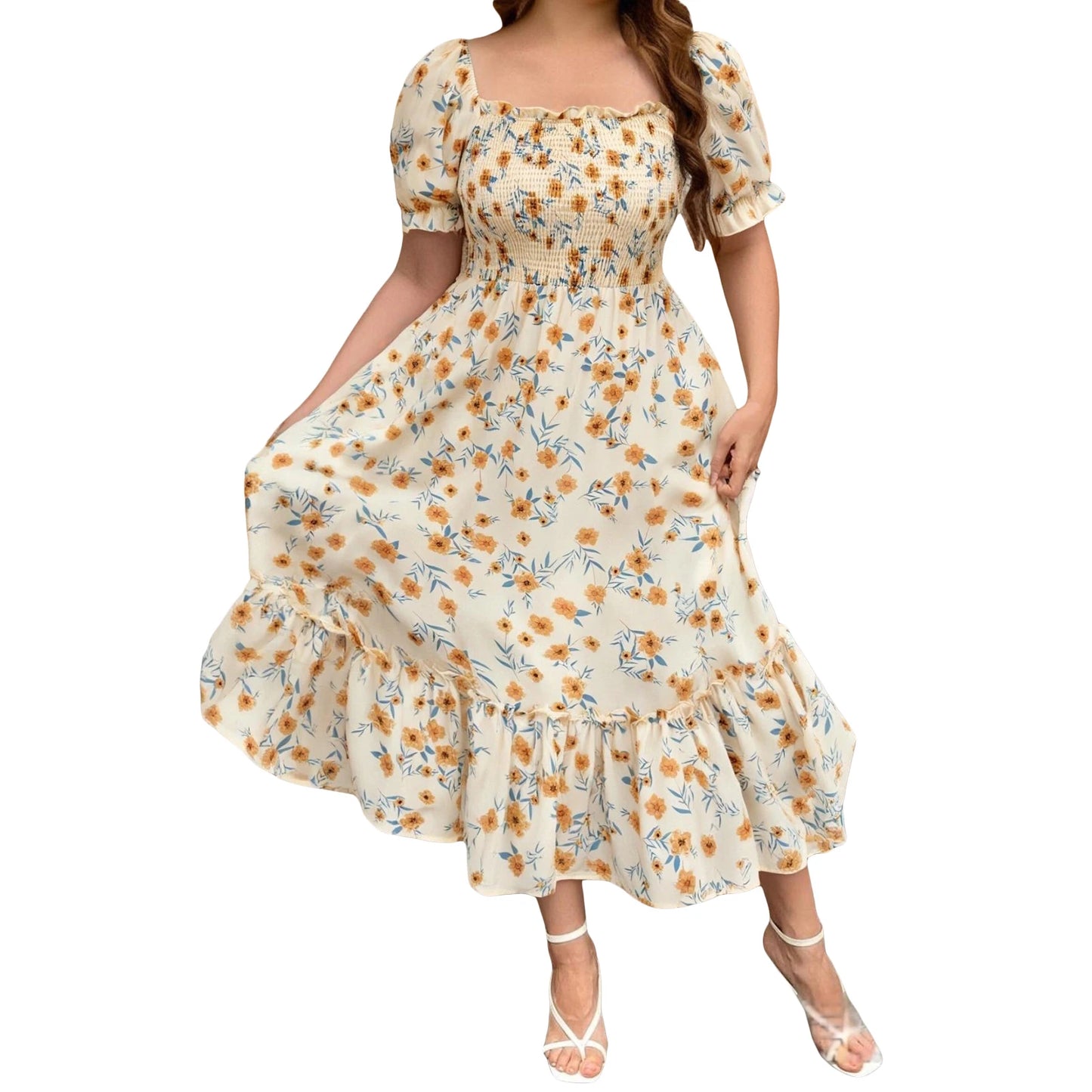 Elegant Plus Size Maxi Dress with V Neck and Ruffle Sleeves for Summer Parties and Special Occasions