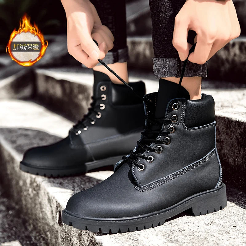 Men's Waterproof Non-Slip Winter Boots Warm Plush Sneakers Lace-Up Ankle Snow Shoes