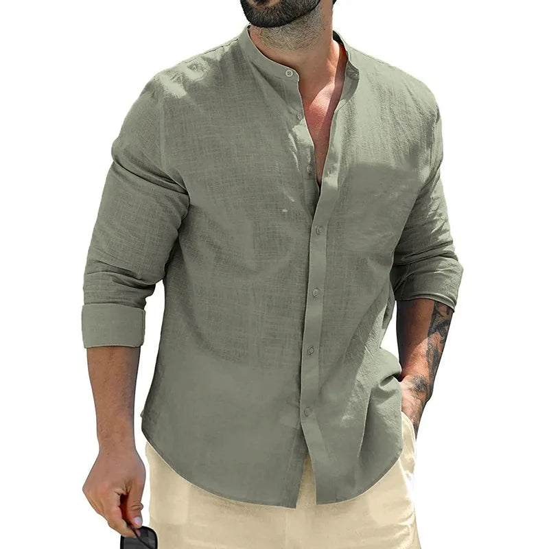 Autumn Men's Long Sleeve Cotton Business T Shirts Breathable Solid Color Streetwear Button Down Shirts White