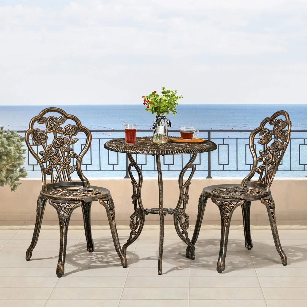 3 Piece Outdoor Bistro Set with Rose Design Rust Resistant Cast Aluminum Table and Chairs with Umbrella Hole for Balcony and Backyard