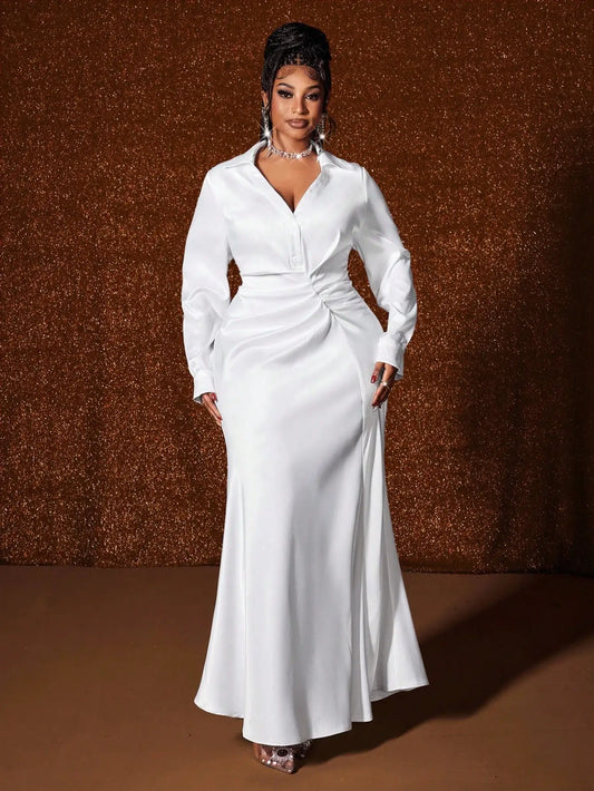 Plus Size White Satin Shirt Dress with Ruched Waist & Fishtail Hem for Elegant Occasions