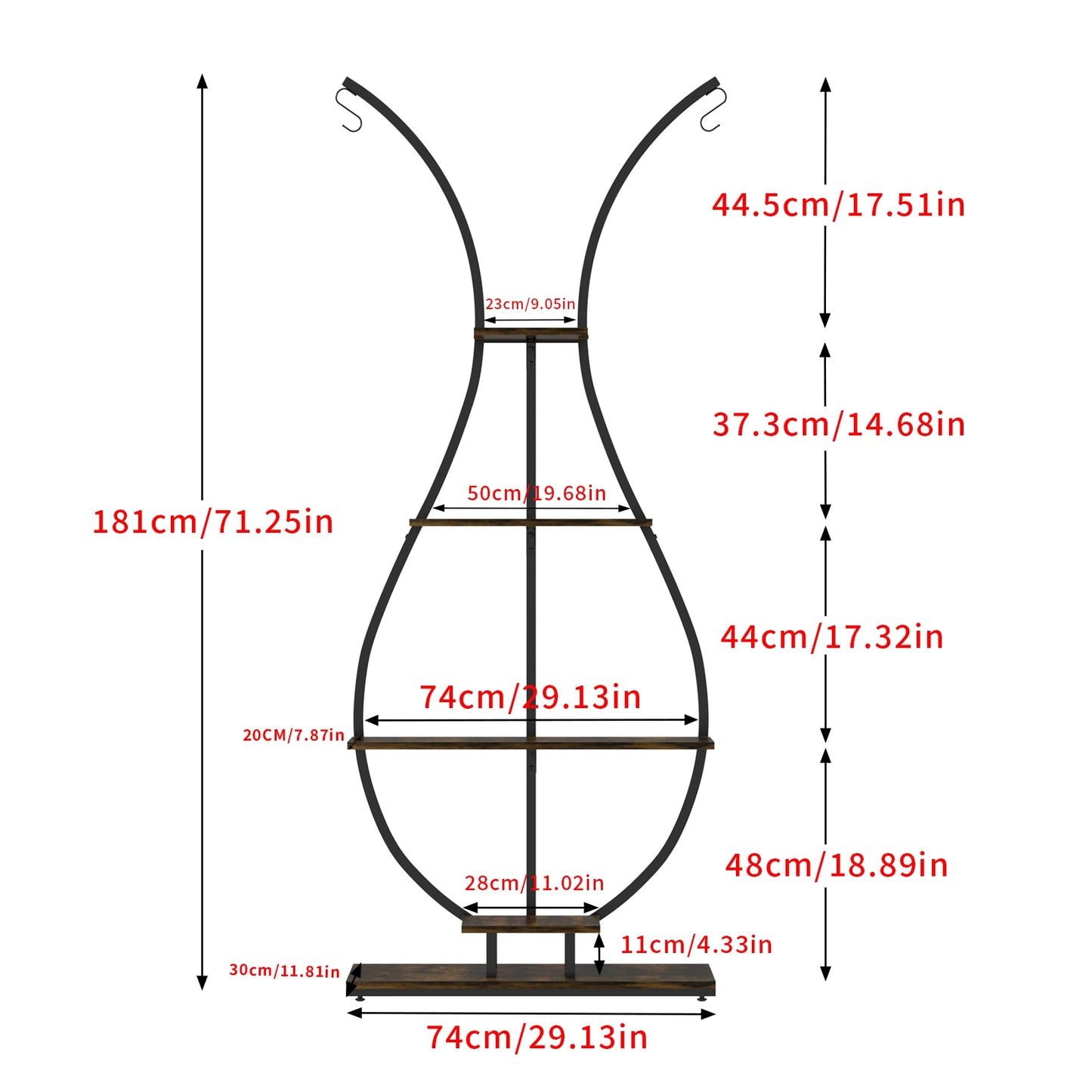 Vase Shape Tall Planter Display Rack Metal Garden Plant Stand with Five Tiers and Hangers