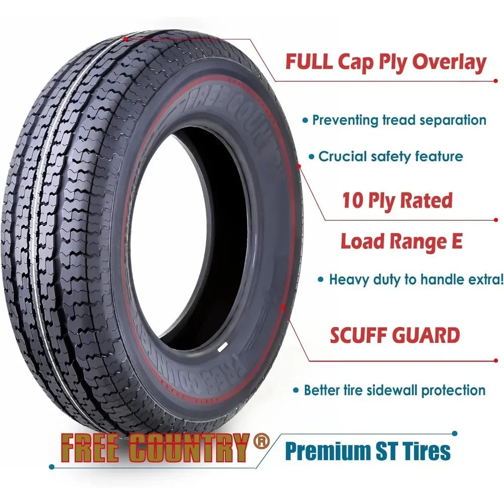 HOME.Grand Ride Set 4 Trailer Tires ST225/75R15 10 Ply Load Range E Steel Belted Radial w/Featured Scuff Guard 8mm Tread Depth