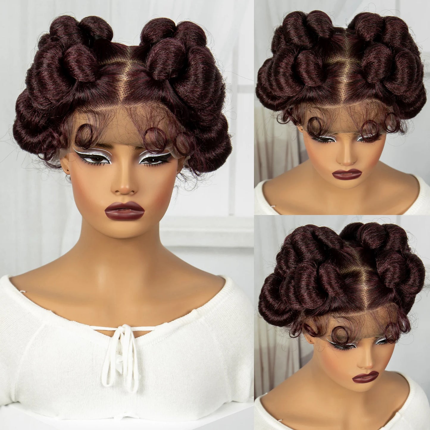 Natural Color 6 Inch Transparent Full Lace Braided Wigs Short Cute Handmade Bantu Synthetic Braided Lace Wig