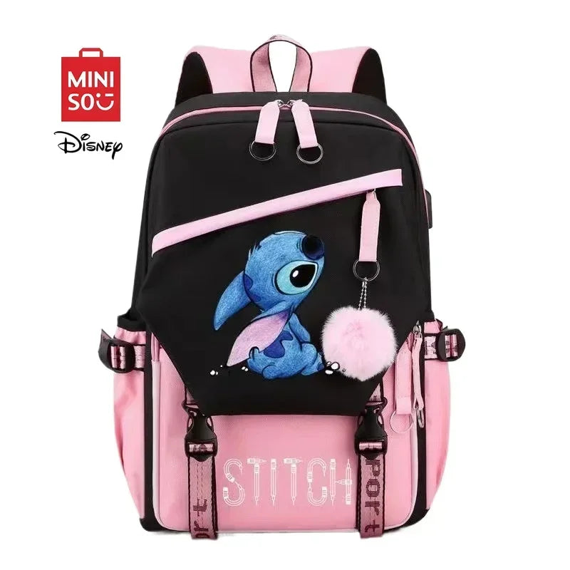 Miniso Disney 2025 New Series Cute Stitch Casual USB Charging Backpack Large Capacity Fashion Zipper High Quality Softback