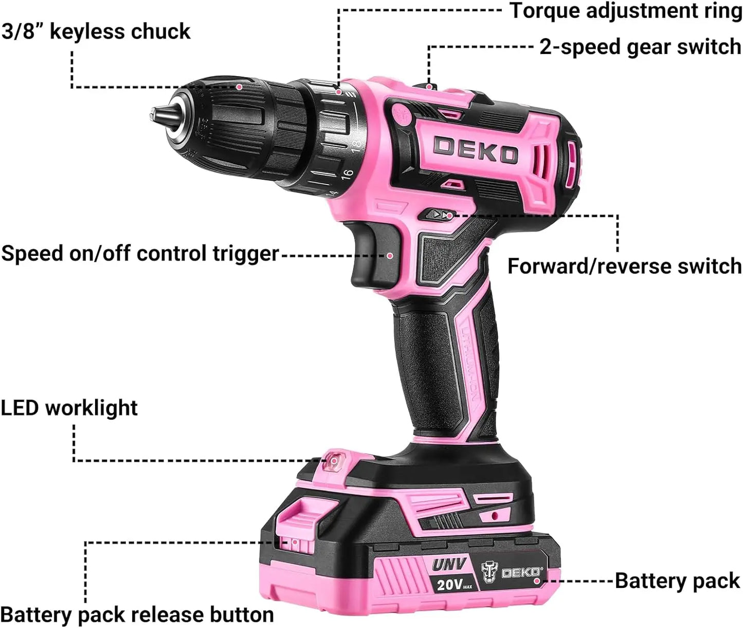DEKO Pink Cordless Power Drill Set 20V Electric Tool for Women