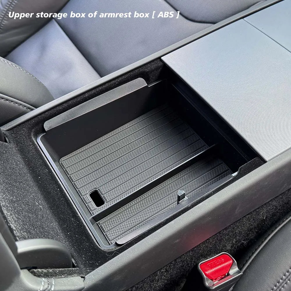 Console And Armrest Storage Box For Tesla New Model Y 2025 Juniper ABS With Silicone Non Slip Mat And Water Cup Holder