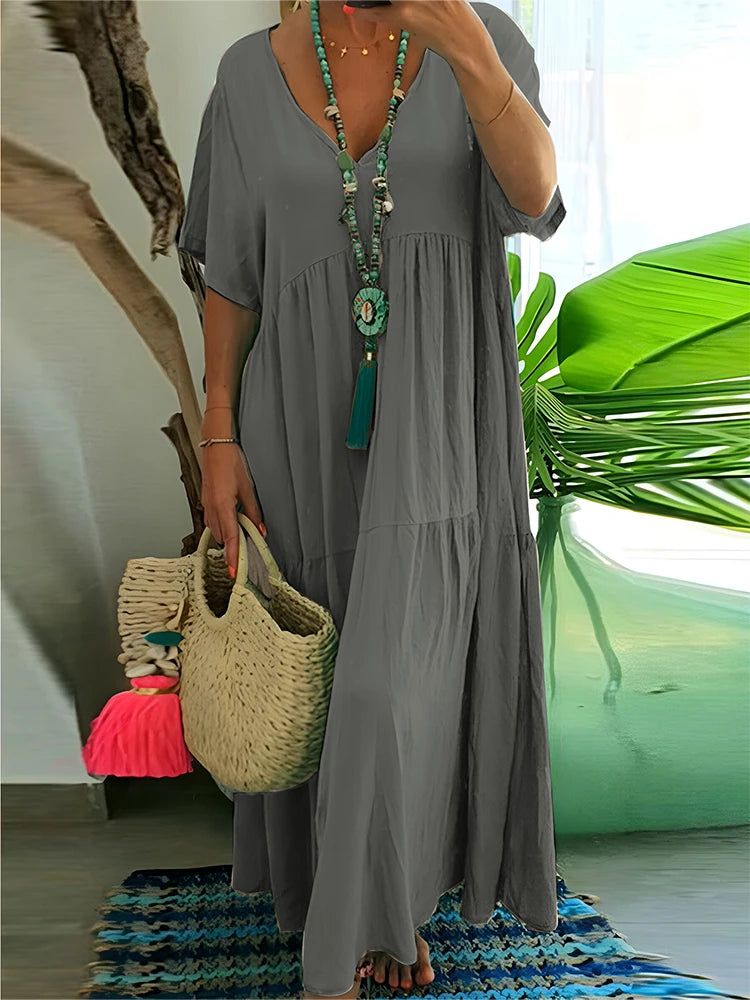 Plus Size Women's Casual Loose Ankle Length Dress V Neck Polyester