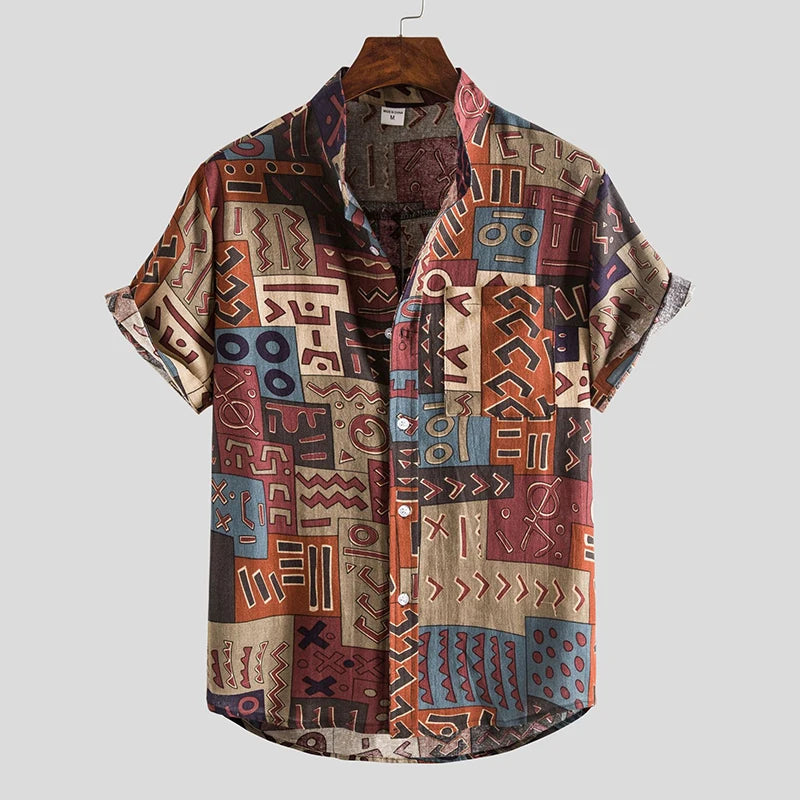 Men's Cotton Polyester Summer Short Sleeve Shirt Boho Geometric Pattern Hawaiian Beach Male Shirts Casual Blouse For Men