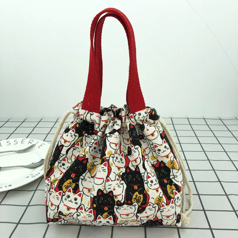 Japanese Cute Canvas Bento Bag Tote Cartoon Anime Drawstring Lunch Bag Foldable for Two Lunch Boxes