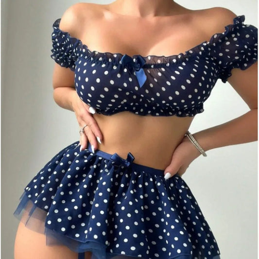 Polka Dots Sexy Tutu Women's Lingerie Set High-value Fashionable and Exquisite Off-the-shoulder Slot Two-piece Set