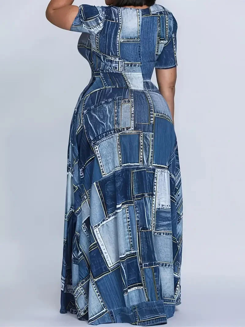 Plus Size Summer Maxi Dress for Women 1XL to 5XL Casual Denim Plaid Dress with Round Neck and Short Sleeves Flared Hem