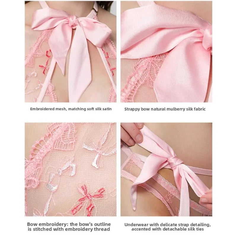 Butterfly Mambo Bra Set 32-38, Embroidered Ribbon Bow Neckband Lingerie, Sexy Pure Desire Bralette and Panty Set Women Sexy AB