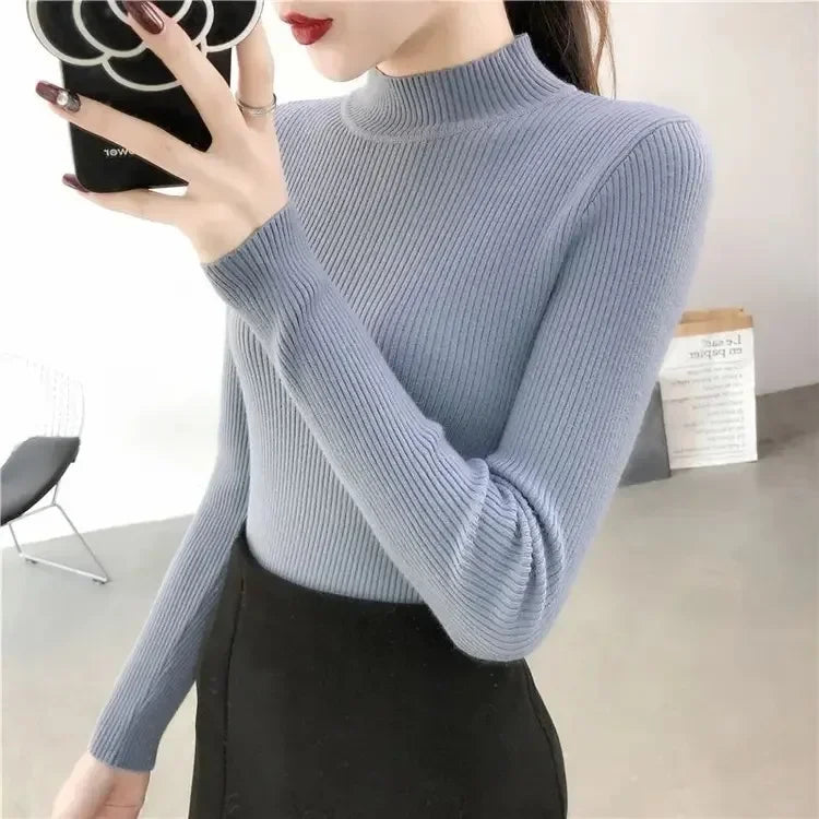Gray Knitted Sweater For Women Basic Pullovers Slim Fit Stand Collar Long Sleeve Spring Autumn Female Casual Stripes Red Tops