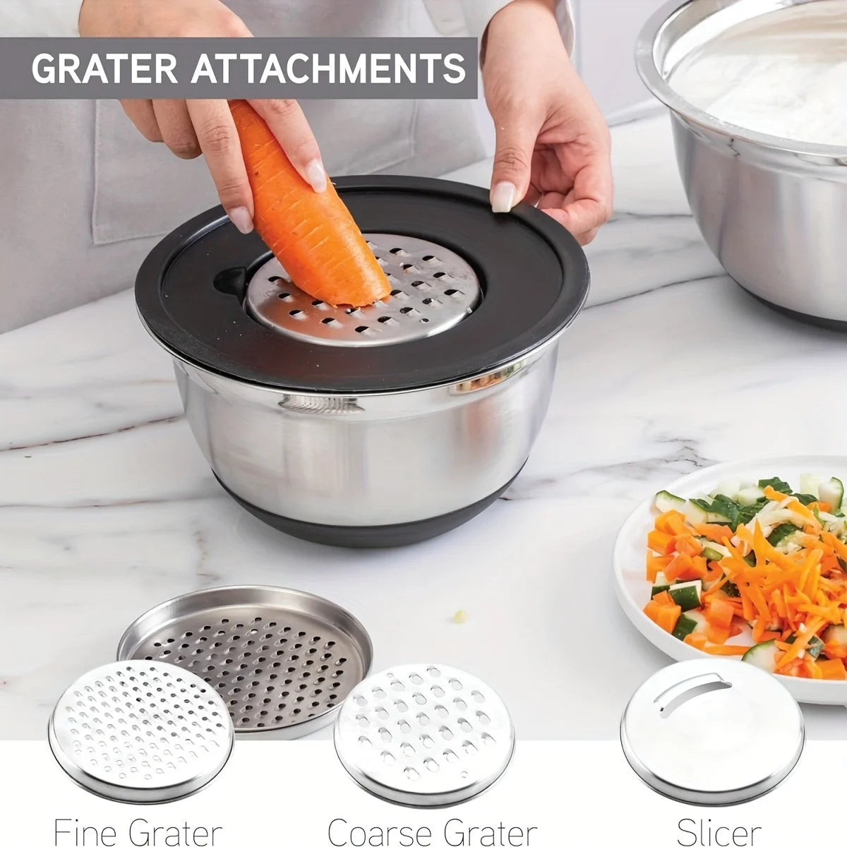 8 Pcs Stainless Steel Mixing Bowls Set with Airtight Lids and Attachments Black Kitchen Baking Serving Bowls